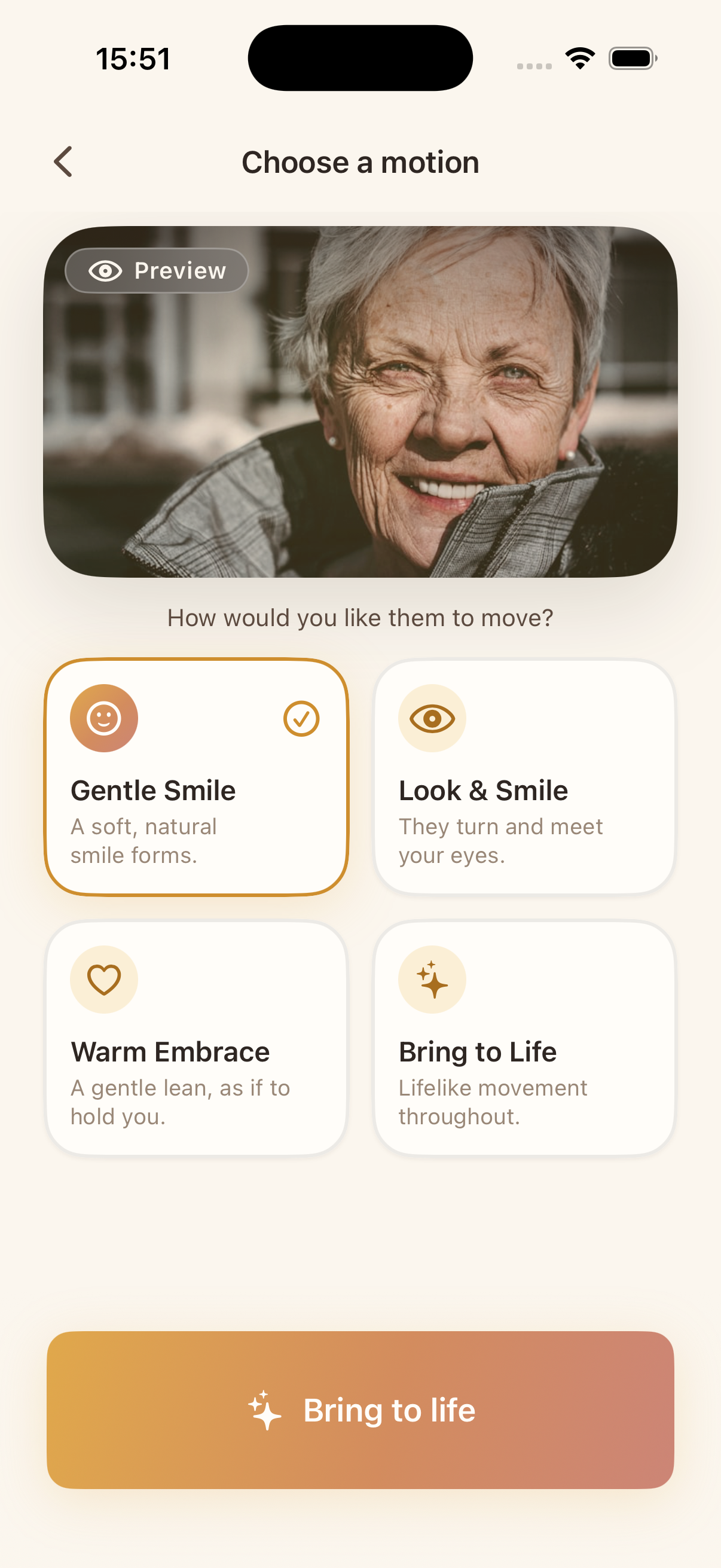 The Choose a motion screen showing a live preview and four gentle motion presets: Gentle smile, Look & smile, Warm embrace, and Bring to life.