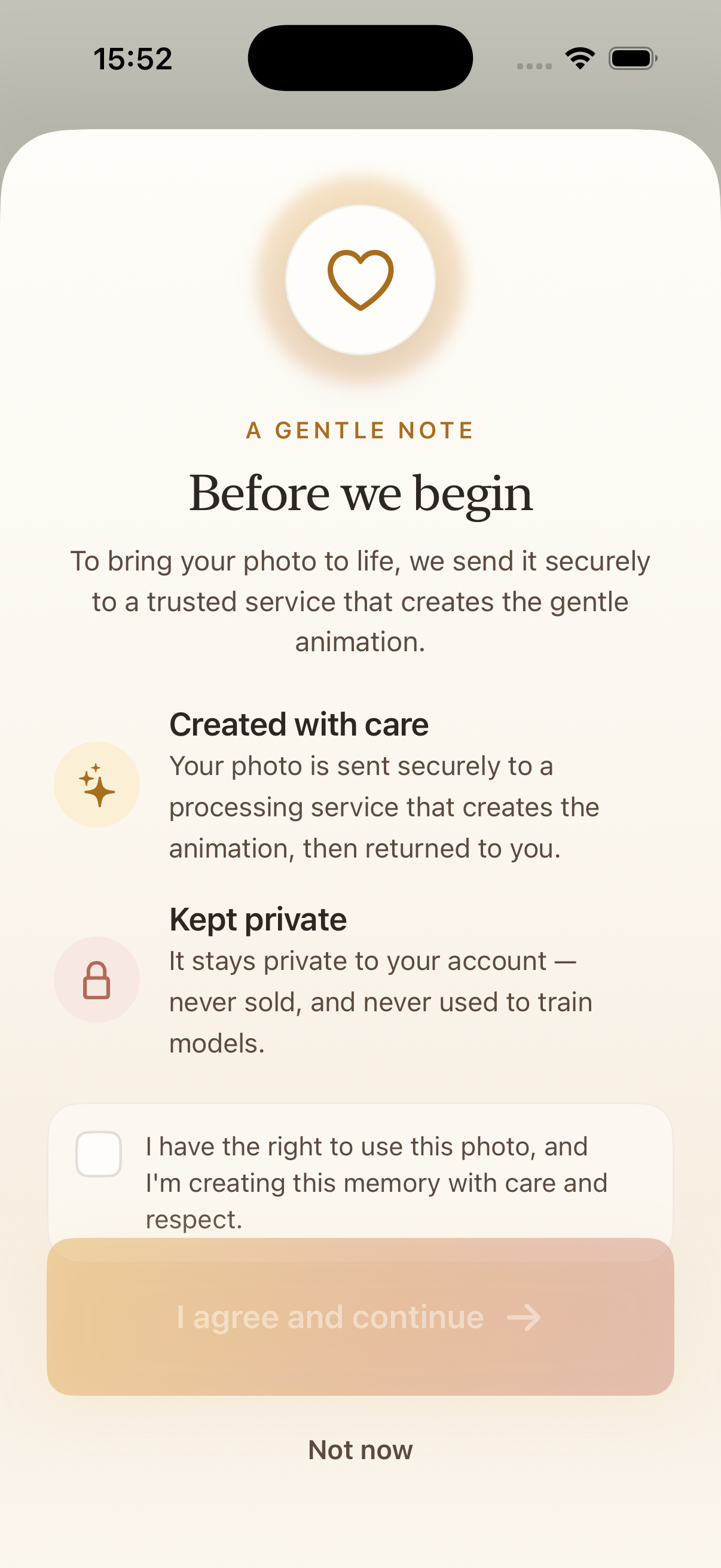 A consent screen titled “Before we begin” explaining that the photo is sent securely to a trusted service to create the animation, kept private, and never used to train models.