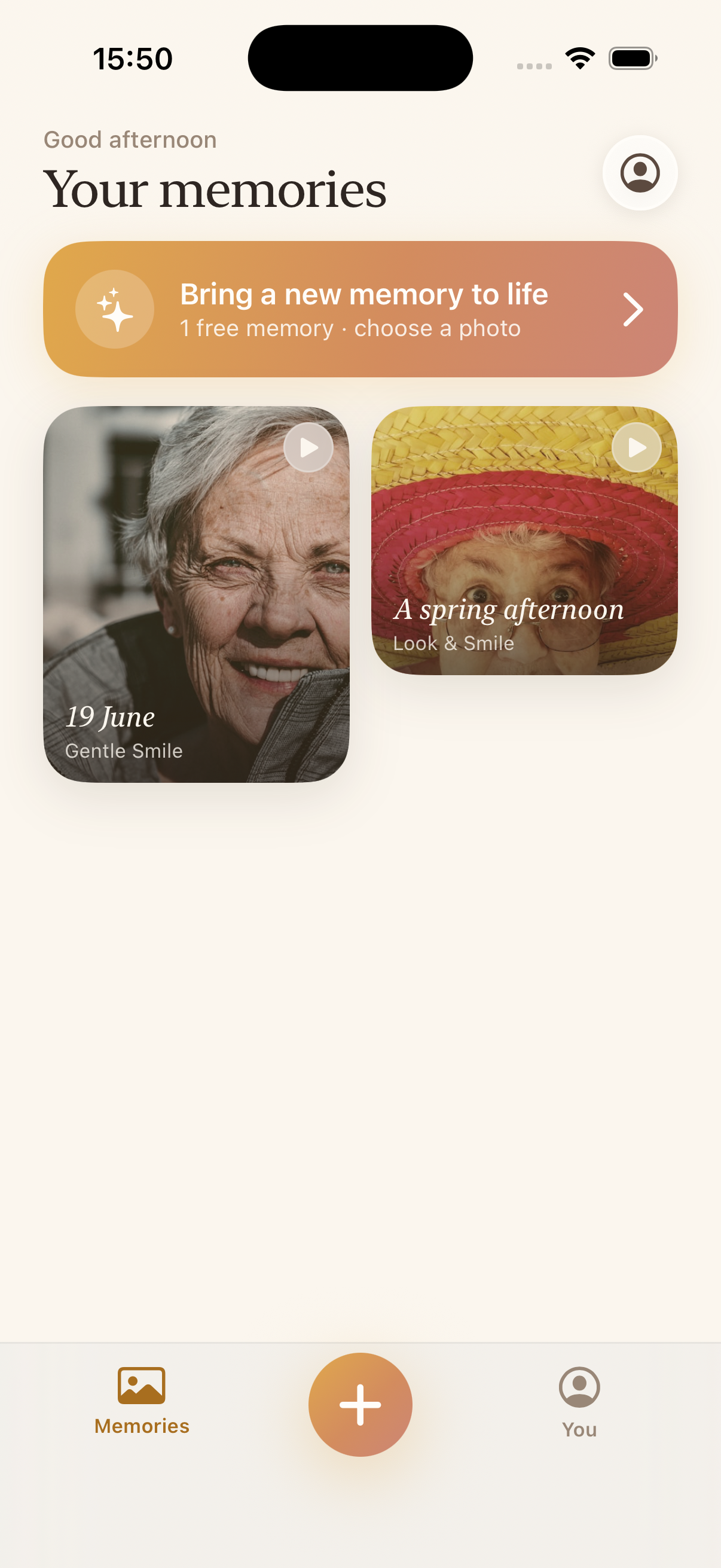 The everAmore home gallery showing saved memories as warm portrait tiles, with a button to bring a new memory to life.