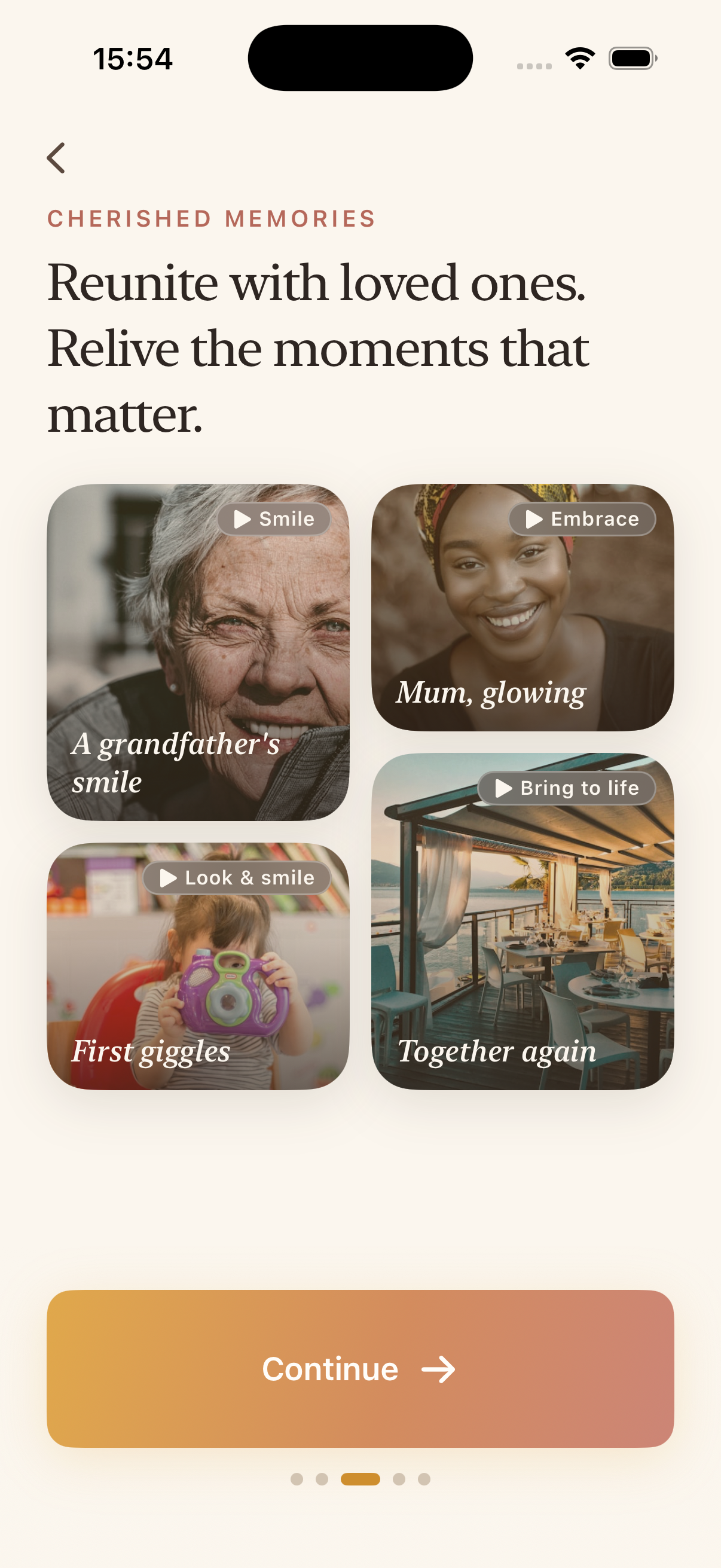 An onboarding screen titled “Reunite with loved ones” showing four cherished portraits, each tagged with a gentle motion.