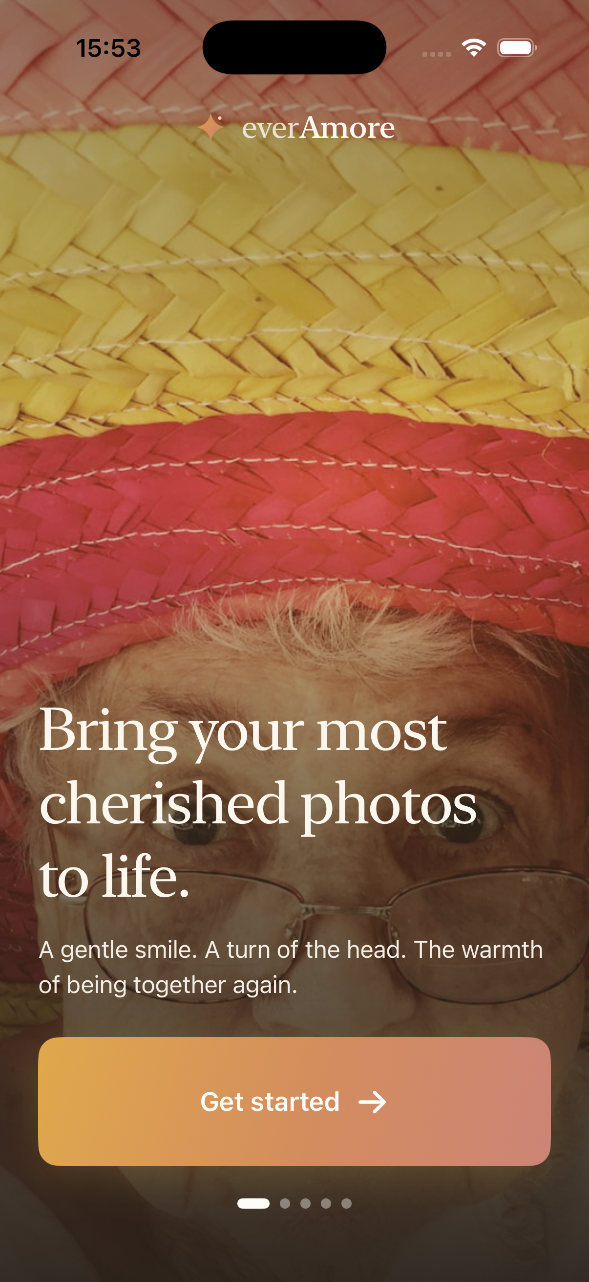 The everAmore welcome screen: a cherished portrait gently coming to life behind the words “Bring your most cherished photos to life.”