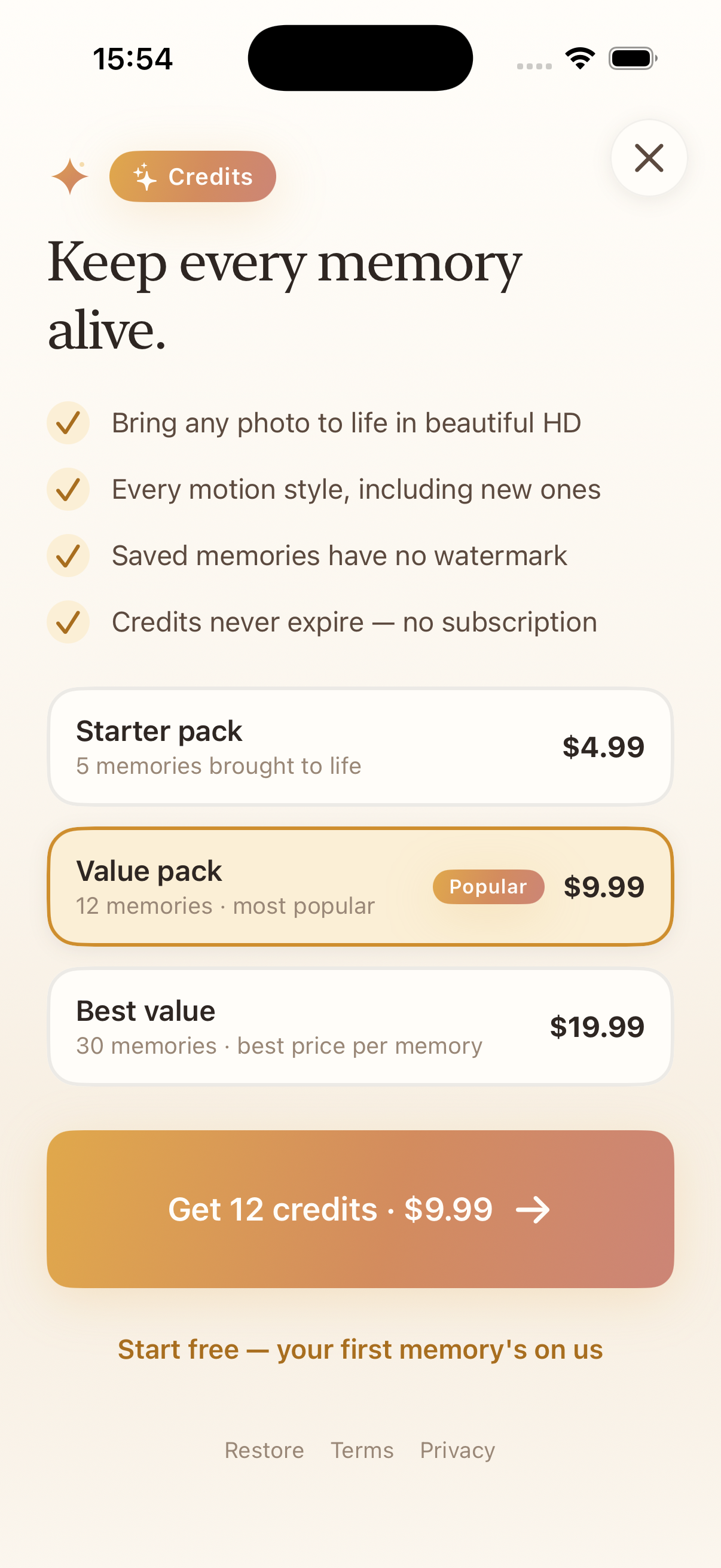 The everAmore credits screen showing three consumable credit packs and the line “credits never expire — no subscription.”